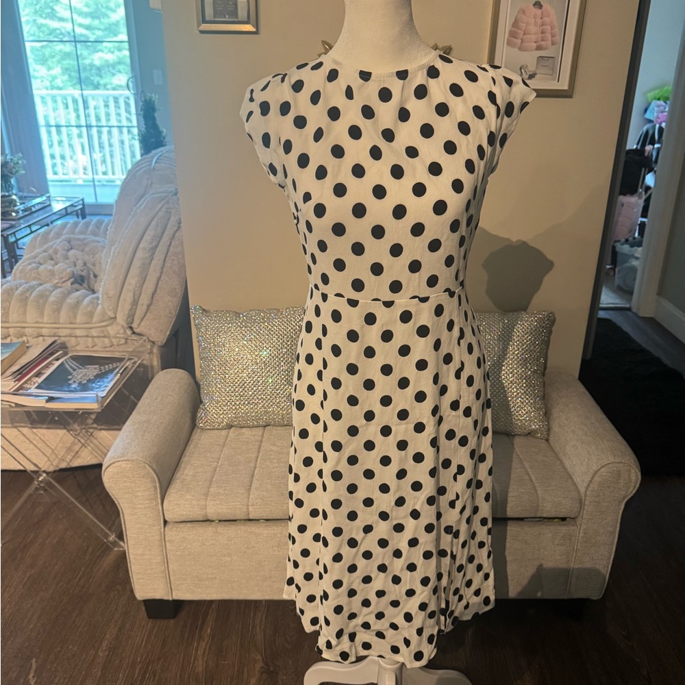 LOFT Black and White Sheath Midi Dress with Cap Sleeves